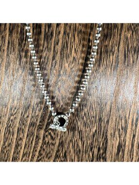 Gun Metal Beaded Necklace With Rhinestone Circle Pendant Embellished With Sparkl
